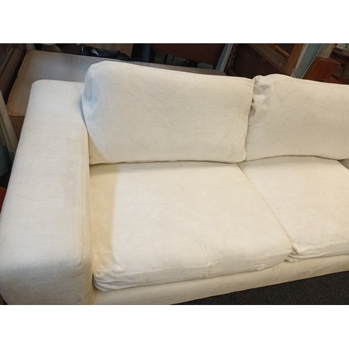 520 - Large Linely designer Sofa with feather filled cushions in white material. Some area's do have marks... 