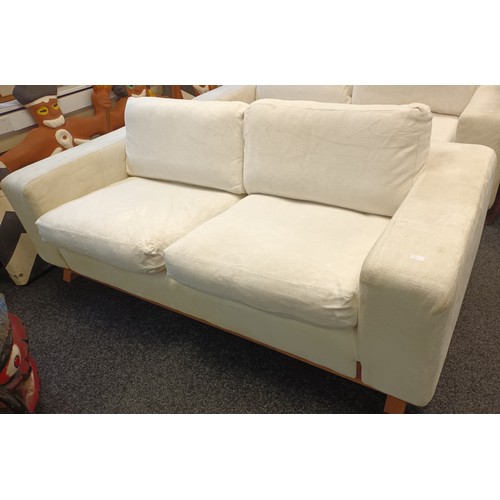 521 - Large Linely designer Sofa with feather filled cushions in white material. Some area's do have marks... 