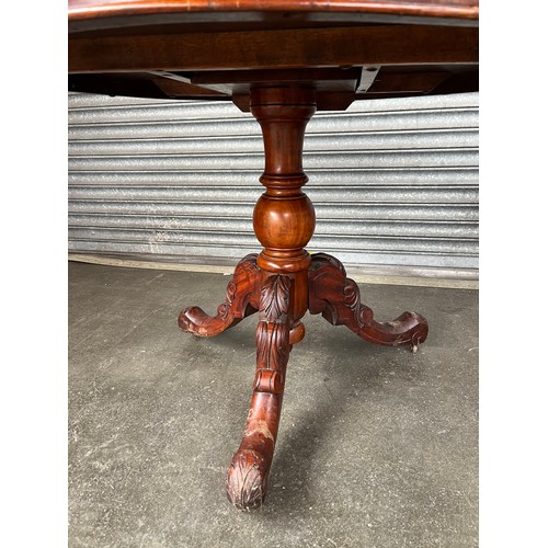 268 - 19th century mahogany table, the circular surface raised on a baluster column and three carved scrol... 