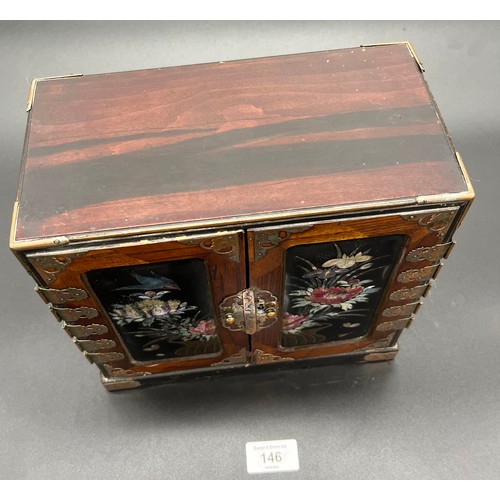 146 - Antique Japanese Meiji period table top two door cabinet, Designed with hand painted lacquered panel... 