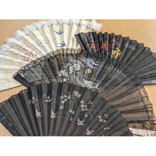 191 - Lot of four antique hand painted fans, to include lace and feather