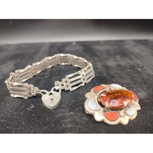 6 - London Silver gate bracelet together with a silver and agate brooch with orange centre stone [Will p... 