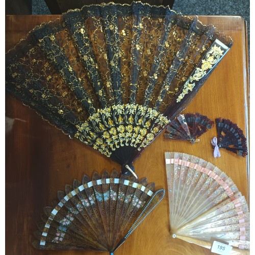 195 - Lot of antique fans, to include; hand painted and carved