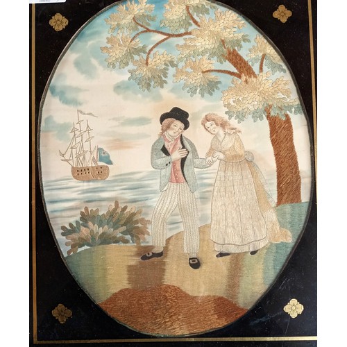 650 - Framed needle work on silk depicting a man returning from sea [40x33]