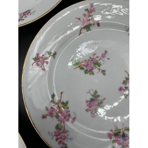 175 - A set of twelve 19th century English tea plates and tazza. Showing a pink flower design. [Some as fo... 