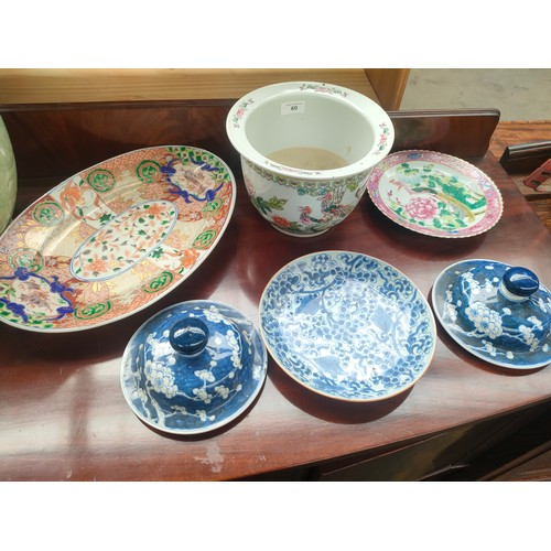 60 - Lot of early Chinese plates , server plate together with fish planter and two blue and white lids [W... 