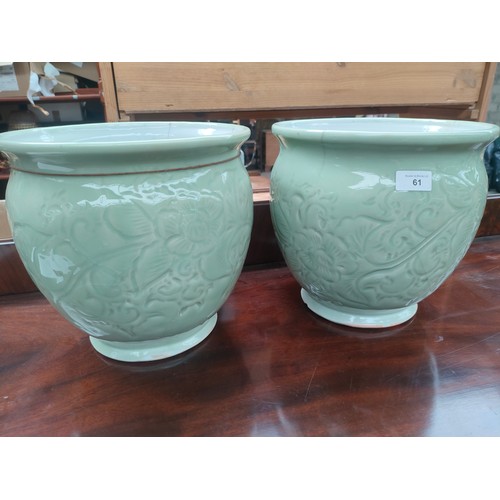 61 - Large Pair of Chinese Celadon planters. Both as found .