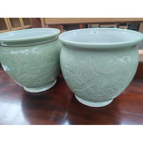 61 - Large Pair of Chinese Celadon planters. Both as found .