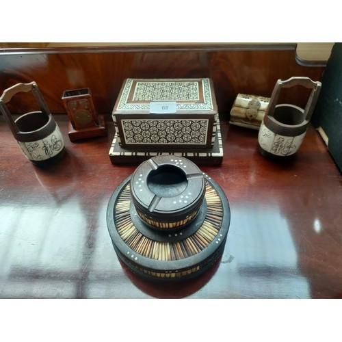 68 - Collection of collectables to include parquetry cigarette holder dispenser, Quill ashtray dish & eas... 