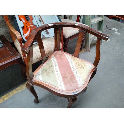 203 - 19th century corner chair with seated silk upholstery.