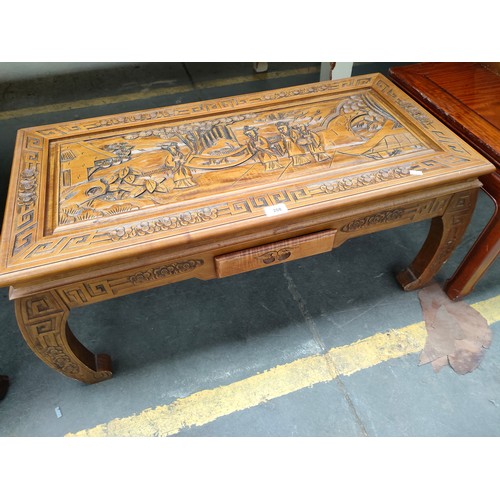 208 - Oriental Carved coffee table with drawer .