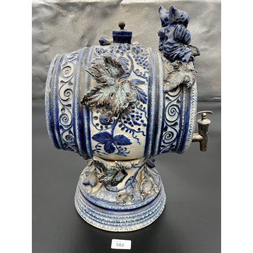 582 - Large Antique German blue and white salt glaze wine barrel, Detailed with raised relief grapes, vine... 