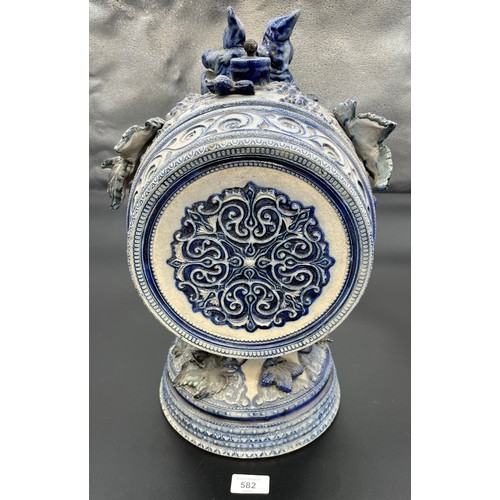 582 - Large Antique German blue and white salt glaze wine barrel, Detailed with raised relief grapes, vine... 