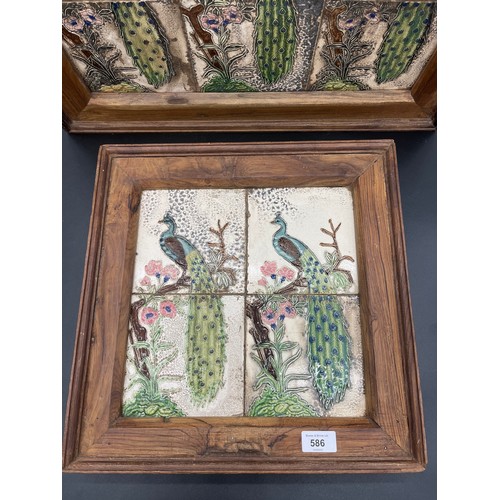 586 - Two sets of Framed Majolica peacock design tiles. Fitted within rustic pine frames. [Large-41x56cm]