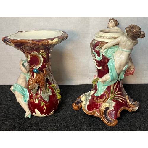 587 - Large antique Eichwald pottery Jardiniere stand, decorated with three figures in robes, foliage and ... 