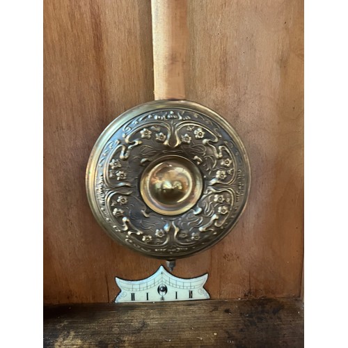 589 - Antique light wood wall clock, Brass ornate face and pendulum. Marked 'B' To brass work. Double drum... 