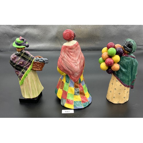 597 - Three Royal Doulton lady figurines, The balloon Seller HN583, The Parson's Daughter HN 564 & Sweet L... 