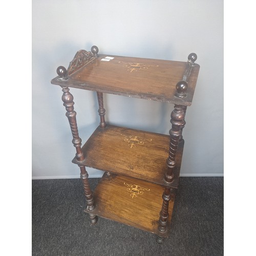 776 - 19th century inlaid three tier whatnot, joined and raised by turned supports (100x47x32.5cm)