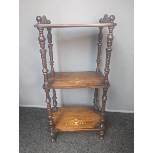 776 - 19th century inlaid three tier whatnot, joined and raised by turned supports (100x47x32.5cm)