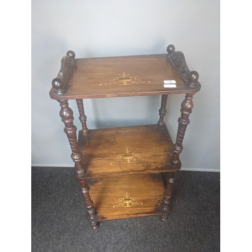 776 - 19th century inlaid three tier whatnot, joined and raised by turned supports (100x47x32.5cm)