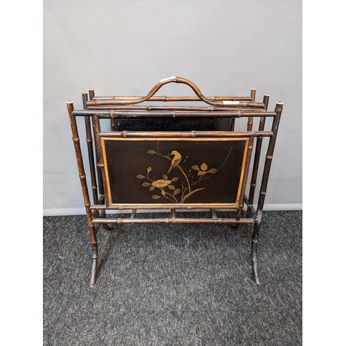 780 - Vintage bamboo magazine rack with inlaid bird design panels (53x45x20.5cm)