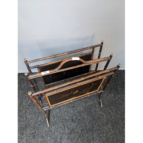 780 - Vintage bamboo magazine rack with inlaid bird design panels (53x45x20.5cm)