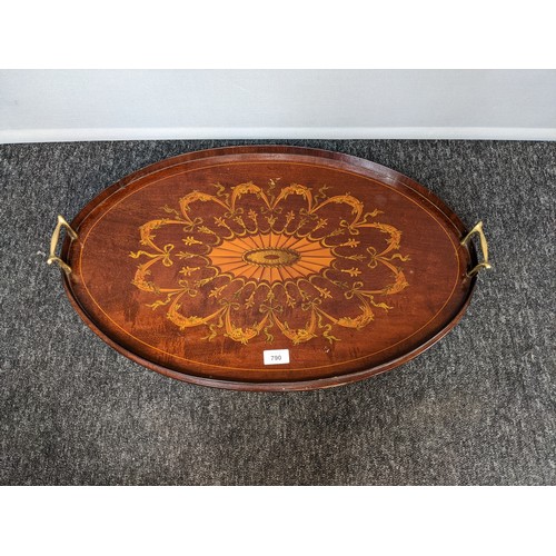 790 - Georgian mahogany inlaid tray with brass handles (68x44.5cm)