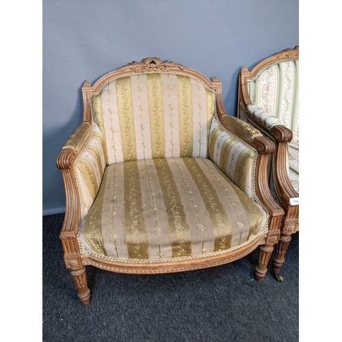 793 - Lot of two 19th century French style chairs, the shaped carved backs with cushioned support, above c... 