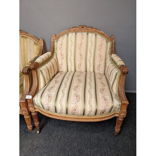 793 - Lot of two 19th century French style chairs, the shaped carved backs with cushioned support, above c... 