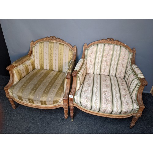 793 - Lot of two 19th century French style chairs, the shaped carved backs with cushioned support, above c... 