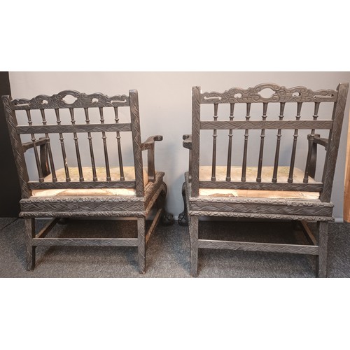 768 - Pair of antique oriental dark wood chairs, the back with carved stretchers and spindles above open a... 