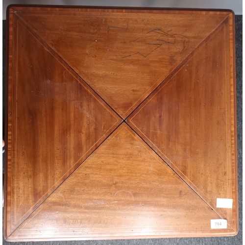 794 - 19th century games table, the square top with banding and four triangle sections opening to a green ... 