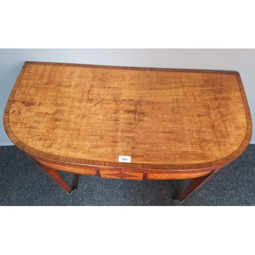 805 - 19th century walnut flip top table, the D shaped surface with banding above a frieze with banding, r... 