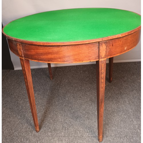 809 - 19th century flip top table, the D-shaped top with banding opening to a green surface, the square ta... 