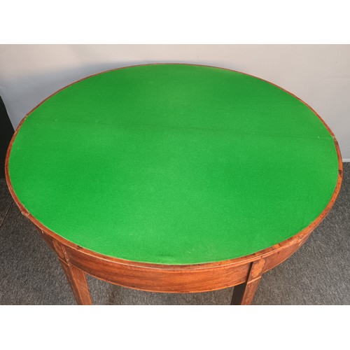 809 - 19th century flip top table, the D-shaped top with banding opening to a green surface, the square ta... 