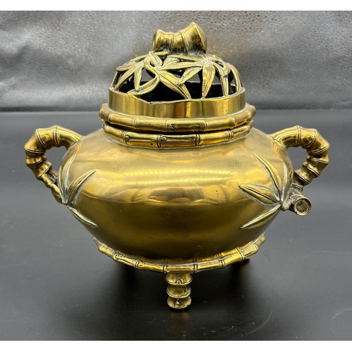 612 - Heavy antique Chinese gilt brass three foot censor burning pot, Detailed with bamboo trunk trims and... 