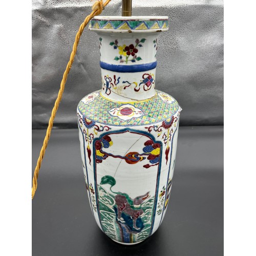 615 - Antique 19th century Chinese hand painted vase depicting four various ornate panels, converted to a ... 