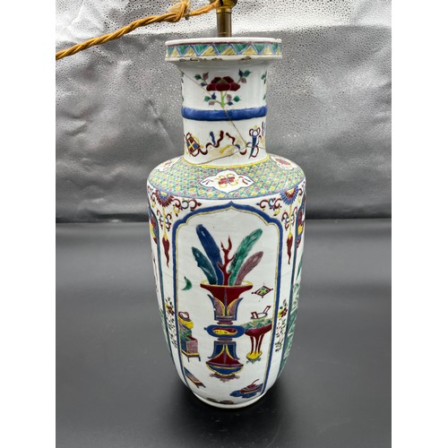 615 - Antique 19th century Chinese hand painted vase depicting four various ornate panels, converted to a ... 