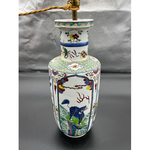 615 - Antique 19th century Chinese hand painted vase depicting four various ornate panels, converted to a ... 