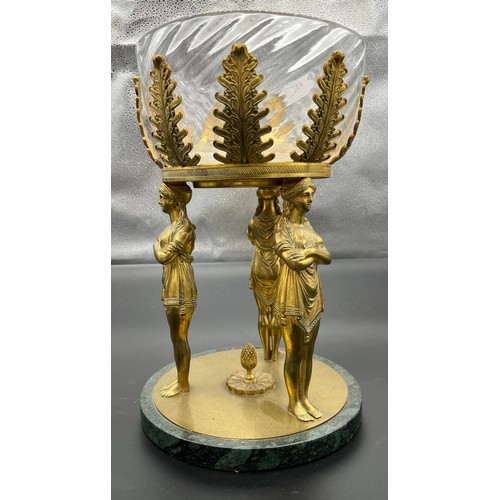 617 - Ornate gilt brass, marble and glass centre piece. Consists of marble and brass base, three cross arm... 