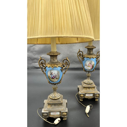 619 - A Pair of antique panel painted and Omalu mounted garnitures, converted to table lamps, [Need re-wir... 