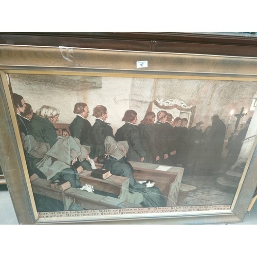 317 - Religious German church scene picture fitted in framing .