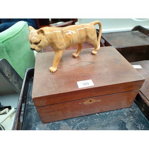 333 - Beswick lioness together with Victorian jewellery/ sewing box .