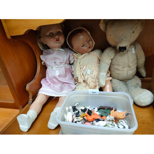 321 - Selection of antique dolls , antique teddy bear together with box of vintage farm animals .