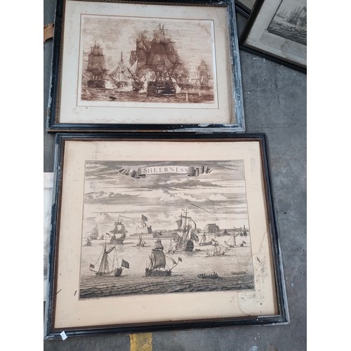 319 - Selection of antique 19th century engravings depicting Sherness ships scenes , various ship scenes ,... 