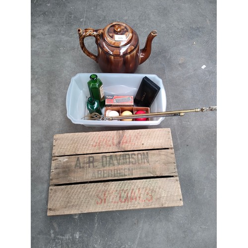 315 - Antique advertising AR Davidson Aberdeen box , tin glazed tea pot together with box of collectables ... 