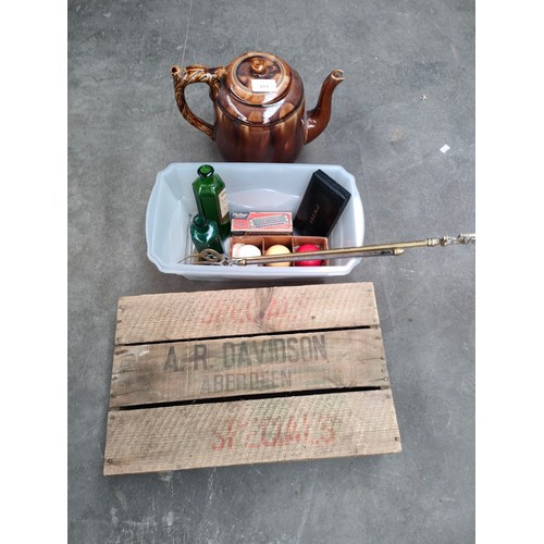 315 - Antique advertising AR Davidson Aberdeen box , tin glazed tea pot together with box of collectables ... 