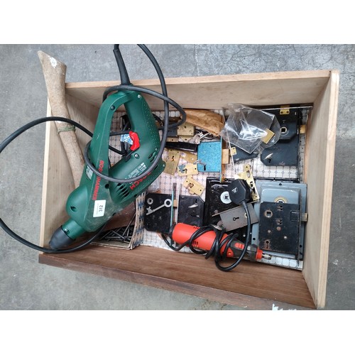 312 - Box of door locks and keys together with power tool .