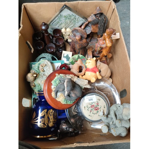 306 - Box of collectables includes border fine arts otter figure , wooden figures etc.