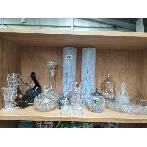 299b - Shelf of crystal & art glass tall vases in Murano style.